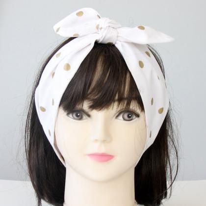 Gold Dot Headband, Womens White Polka Dot..