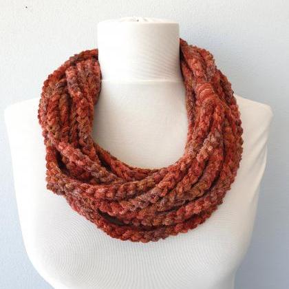 Rust Brown Scarf Necklace, Crochet Infinity Chain..