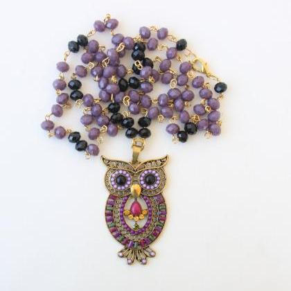 Owl Necklace Long, Big Owl Pendant, Beaded..
