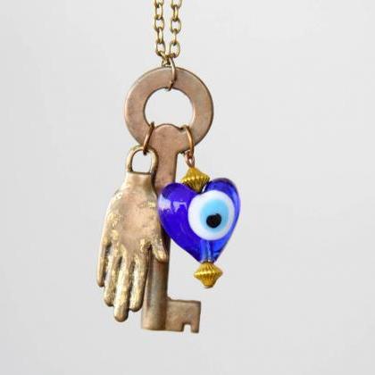Healing Hand Evil Eye Necklace, Hamsa Amulet..
