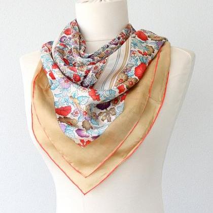 Silk Scarf Pure Silk Voile Square Floral Scarf..
