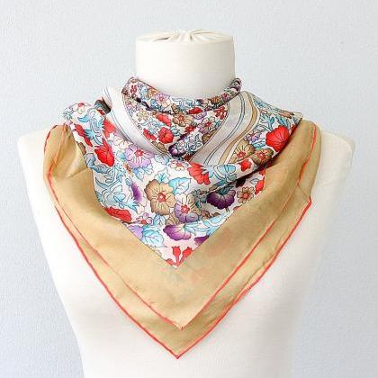 Silk Scarf Pure Silk Voile Square Floral Scarf..