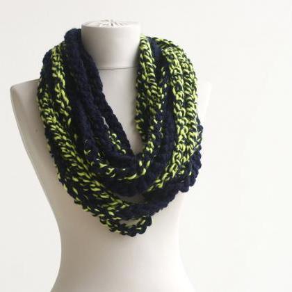 Bulky Scarf Navy Blue Yellow Mix Infinity Chain..