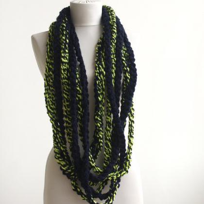 Bulky Scarf Navy Blue Yellow Mix Infinity Chain..