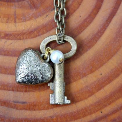 Vintage Key Necklace With Heart And Pearl,..