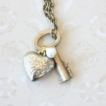 Vintage Key Necklace With Heart And Pearl,..