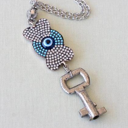 Rhinestone Evil Eye Necklace Vintage Key Necklace..