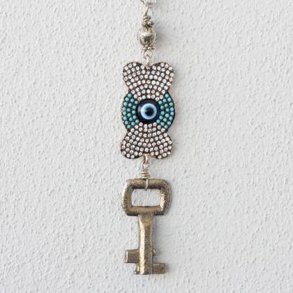 Rhinestone Evil Eye Necklace Vintage Key Necklace..