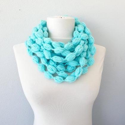 Aqua Blue Crochet Scarf, Chain Scarf Necklace,..