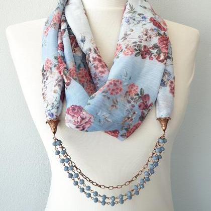 Beaded Scarf Necklace, Baby Blue Floral Infinity..