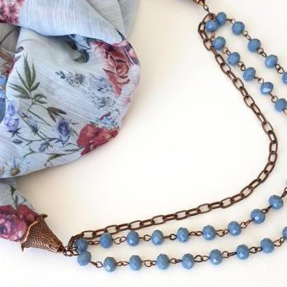 Beaded Scarf Necklace, Baby Blue Floral Infinity..