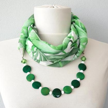 Tropical Leaves Green Scarf Necklace