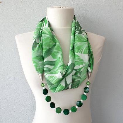 Tropical Leaves Green Scarf Necklace