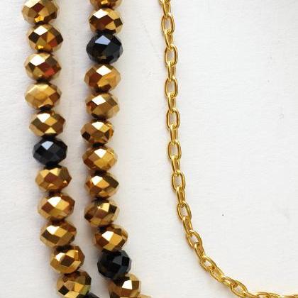 Black Gold Necklace Scarf, Leopard And Chain Print..