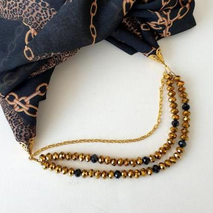 Black Gold Necklace Scarf, Leopard And Chain Print..