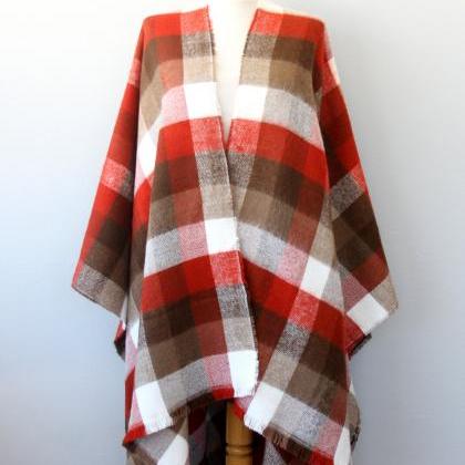Plaid Poncho In Rust Red And Brown, Womens Plaid..