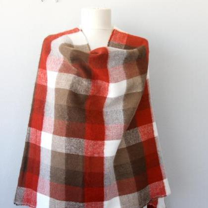 Plaid Poncho In Rust Red And Brown, Womens Plaid..