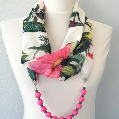 Tropical Plants Scarf Necklace, Beaded Floral..