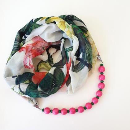 Tropical Plants Scarf Necklace, Beaded Floral..