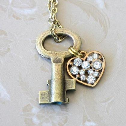 Key To Heart Necklace, Vintage Key Necklace,..