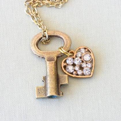 Key To Heart Necklace, Vintage Key Necklace,..
