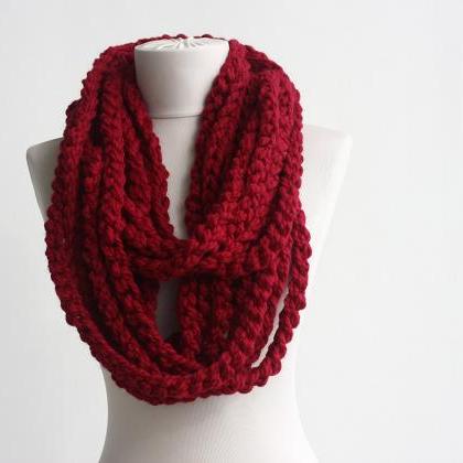Wool Red Scarf Infinity Scarf Crochet Circle Scarf..