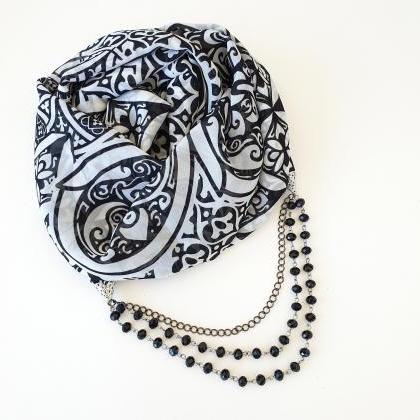 Black White Scarf Necklace, Chiffon Beaded Scarf,..