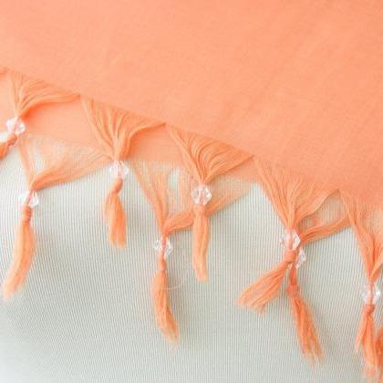 Peach Scarf With Beaded Fringes Summer Shawl..