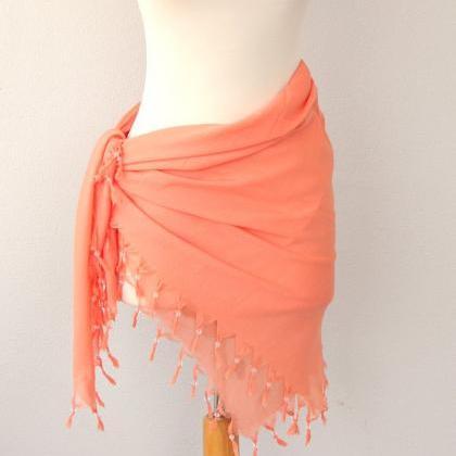 Peach Scarf With Beaded Fringes Summer Shawl..