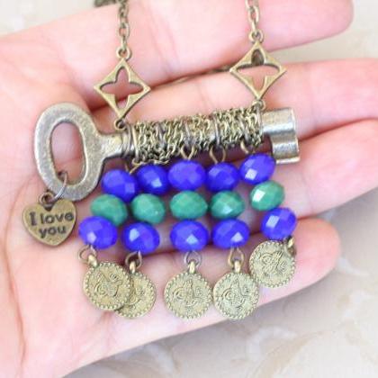 Boho Coin Necklace, Key To Heart Necklace, Vintage..