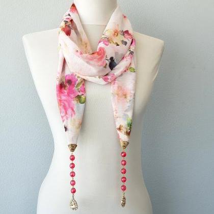 Rhinestone Scarf Necklace For Women, Floral Lariat..