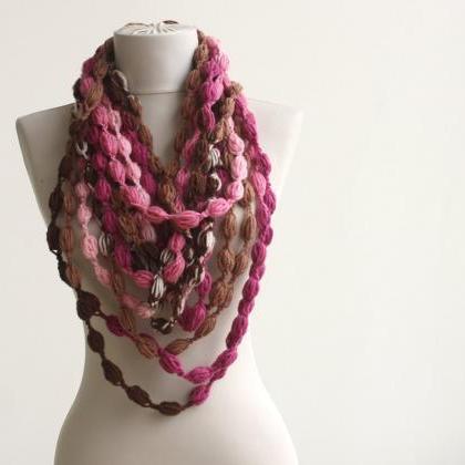 Pink Crochet Scarf, Infinity Scarf, Pom Pom Scarf,..