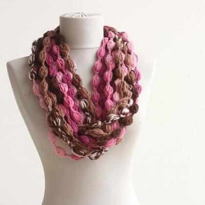 Pink Crochet Scarf, Infinity Scarf, Pom Pom Scarf,..