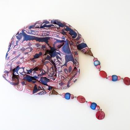 Pink And Blue Beaded Scarf Necklace, Lariat..