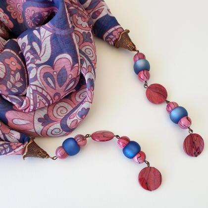 Pink And Blue Beaded Scarf Necklace, Lariat..