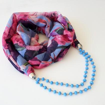 Blue Beaded Scarf Necklace, Floral Infinity Scarf..
