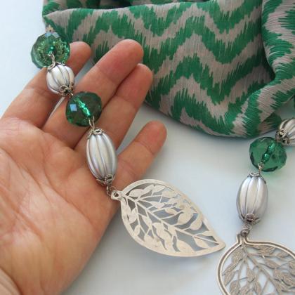 Green Necklace Scarf , Leaf Charm Necklace,..