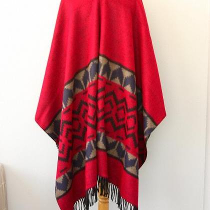 Red Aztec Poncho, Navajo Shawl Wrap, Unisex..