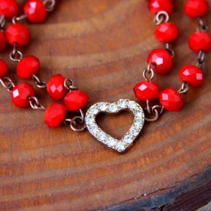 Heart Bracelet , Red Beaded And Rhinestone Heart..