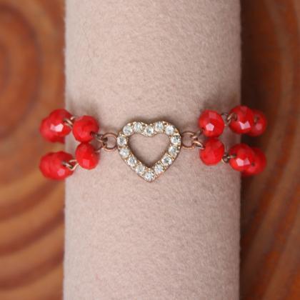 Heart Bracelet , Red Beaded And Rhinestone Heart..