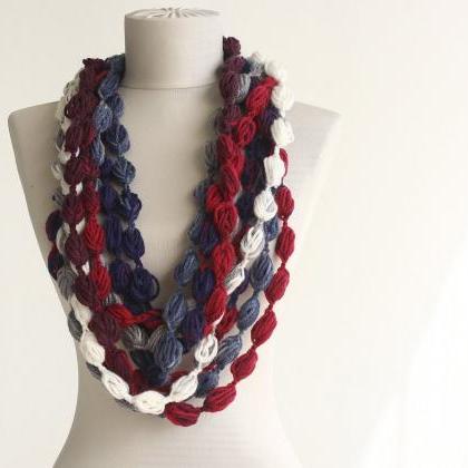 Crochet Infinity Scarf In Navy Blue Red And White,..