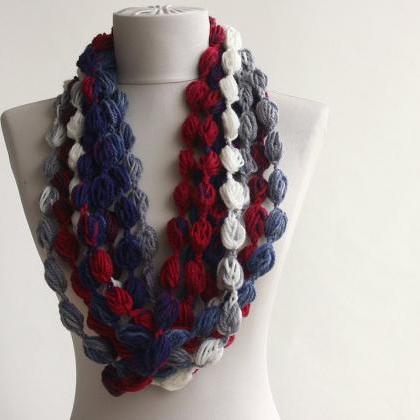 Crochet Infinity Scarf In Navy Blue Red And White,..