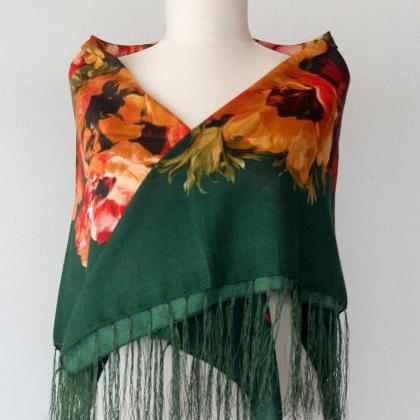 Green Fringe Scarf , Scarves For Women , Floral..