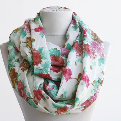 Cotton Infinity Scarf Red And Green Scarf Floral..