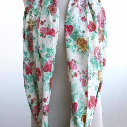 Cotton Infinity Scarf Red And Green Scarf Floral..