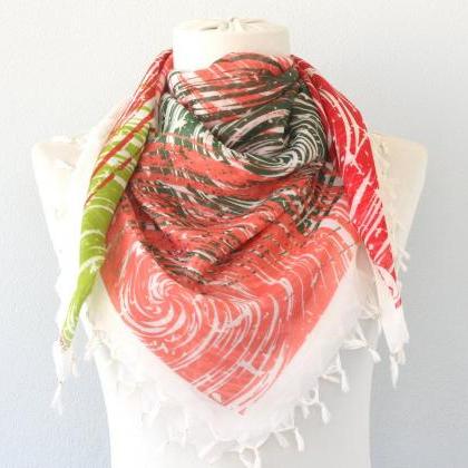 Red And Green Square Scarf, Beaded Fringe Scarf,..