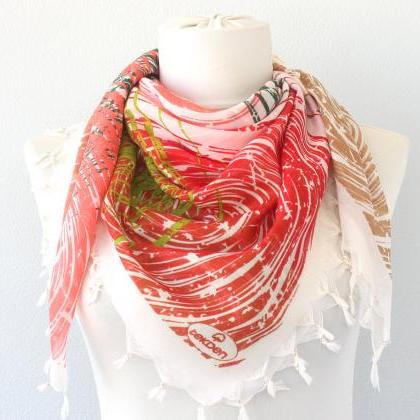 Red And Green Square Scarf, Beaded Fringe Scarf,..