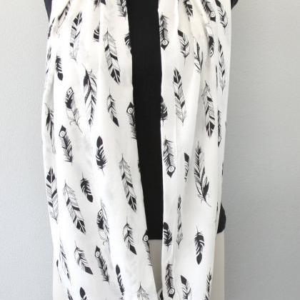 Feather Black And White Scarf, Boho Infinity..