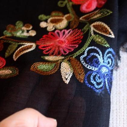 Black Square Scarf, Embroidery Floral Scarves For..