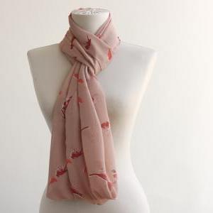 Spring Scarf With Bird Prints Coral Pink Summer..